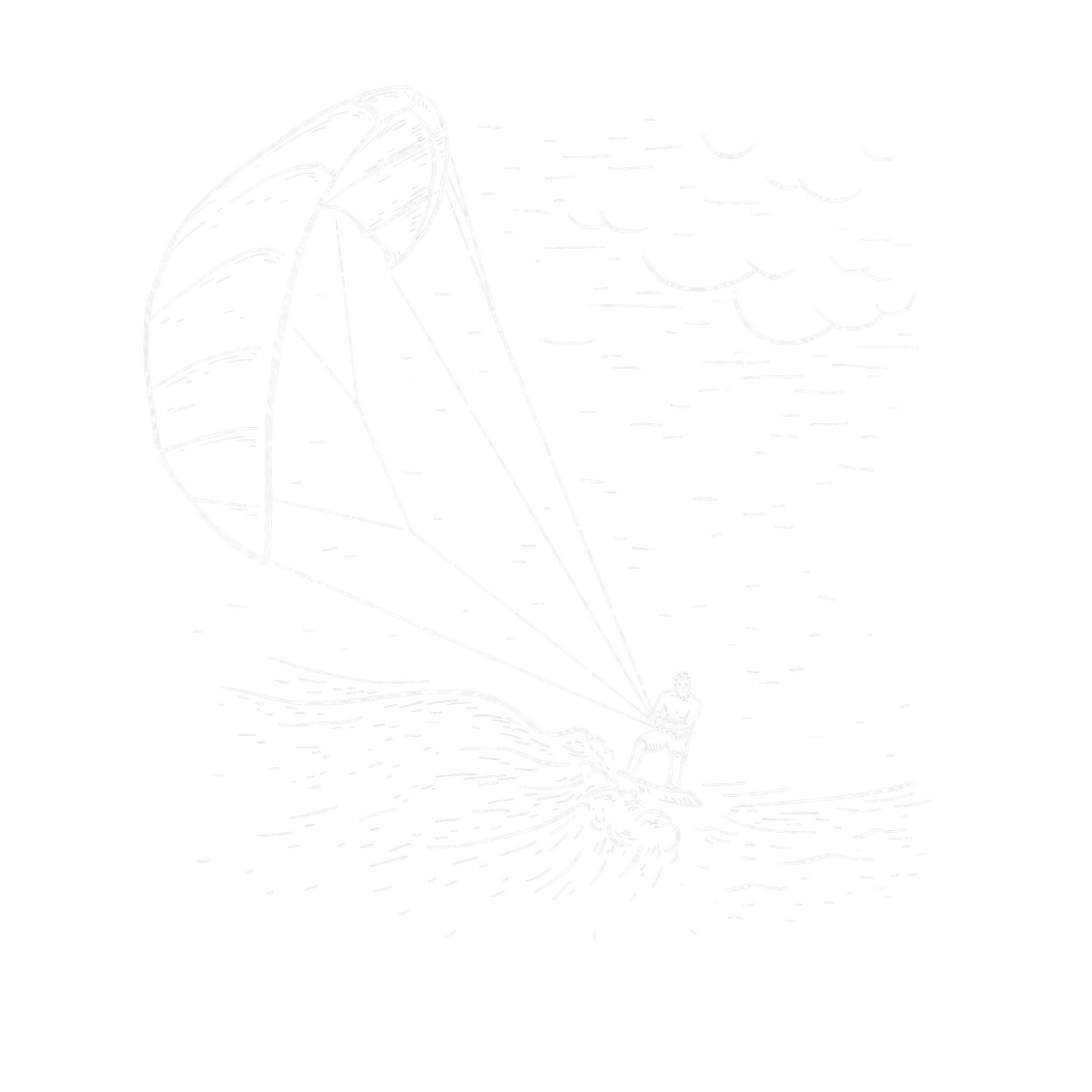 Ilustração de um kitesurfista sobre as ondas, em traço suave.
