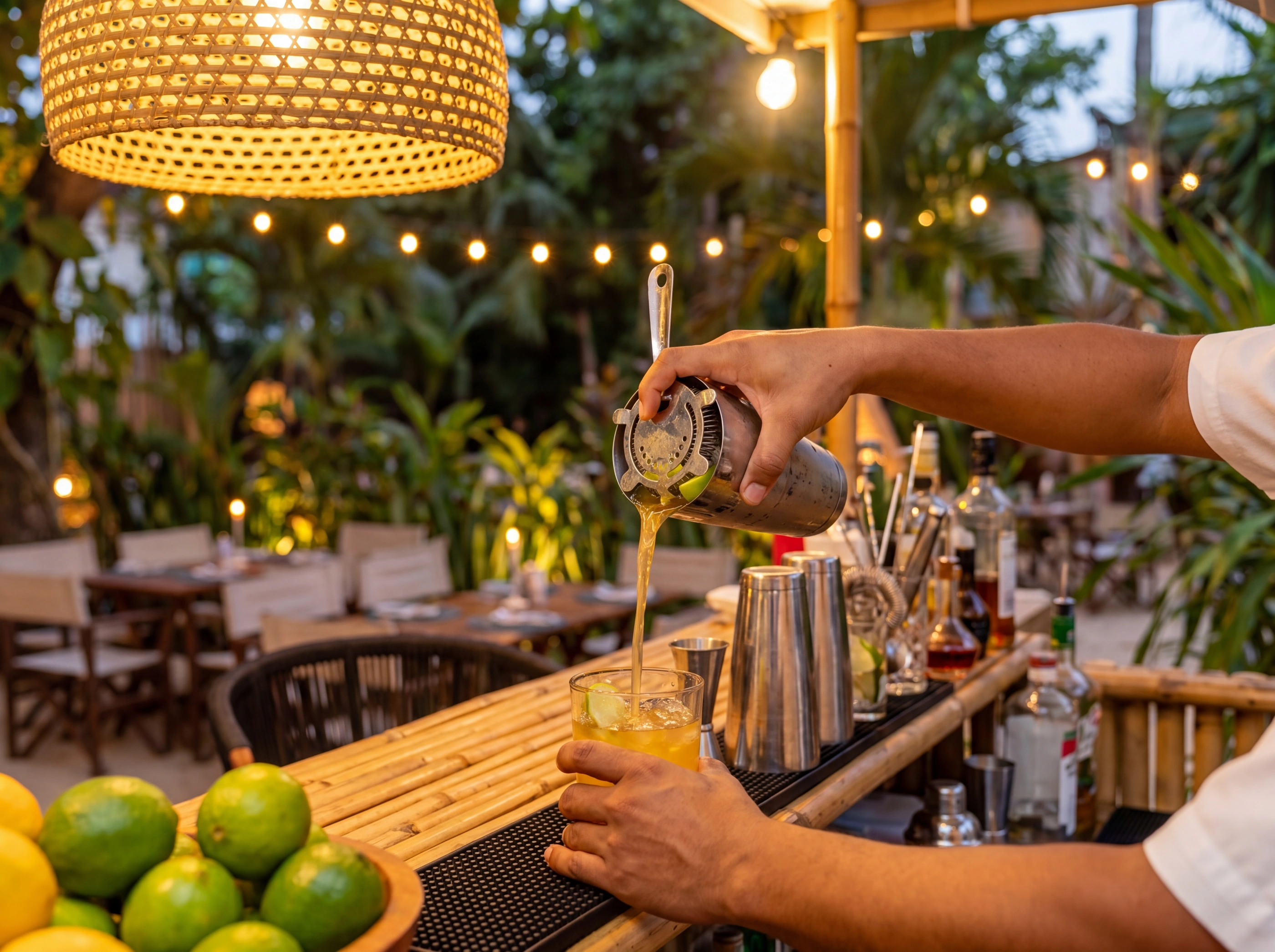 Bartender servindo um drinque no bar ao ar livre, limões e garrafas sobre a bancada, luminária de palha no alto.