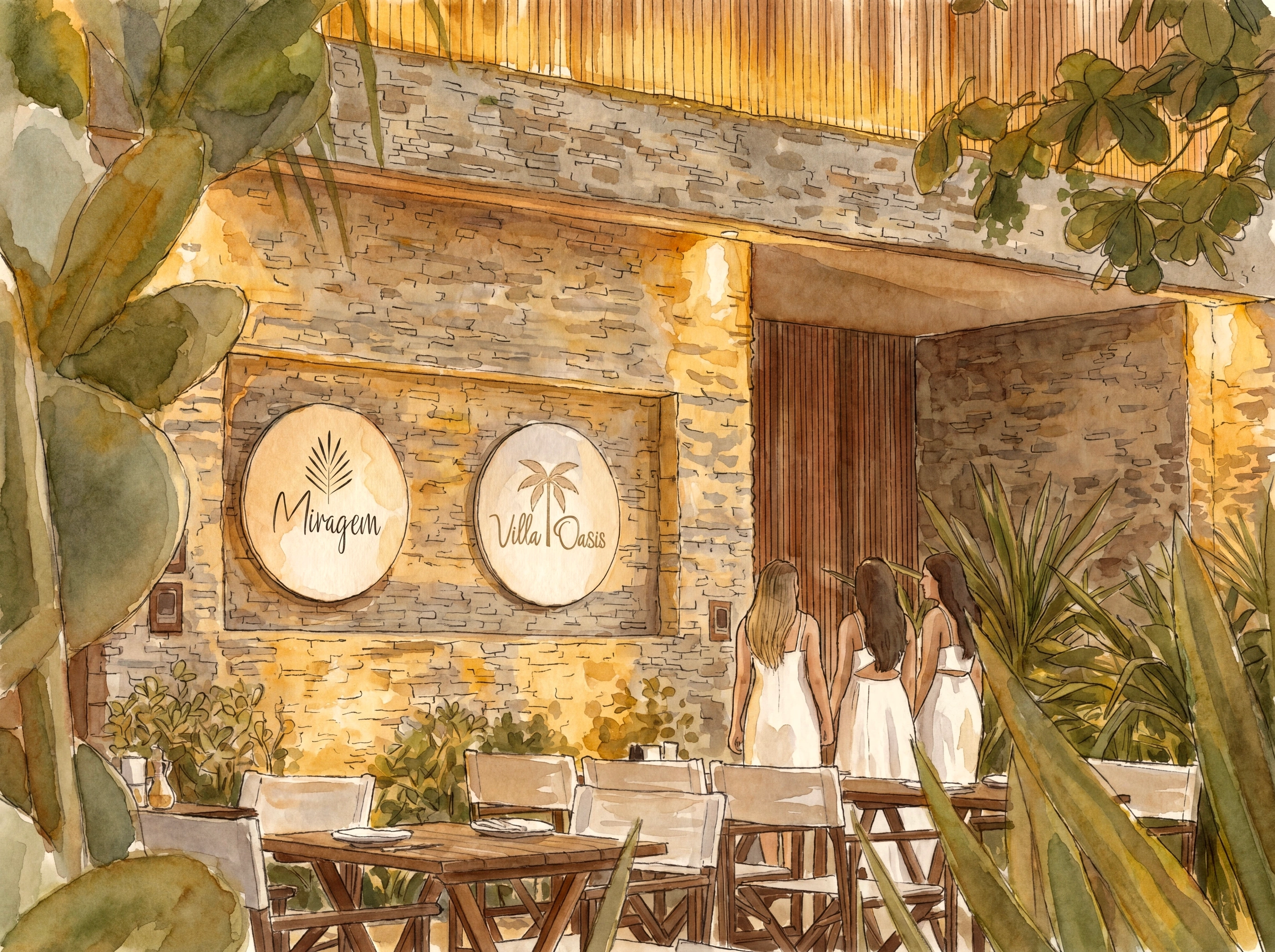 Aquarela da fachada compartilhada de Miragem e Villa Oasis: parede de pedra empilhada com dois discos circulares (logo da Miragem em folha de palmeira, logo da Villa Oasis com palmeira), três mulheres em vestidos brancos olhando para os logos, mesas de jantar em madeira no primeiro plano, vegetação tropical em ambos os lados.