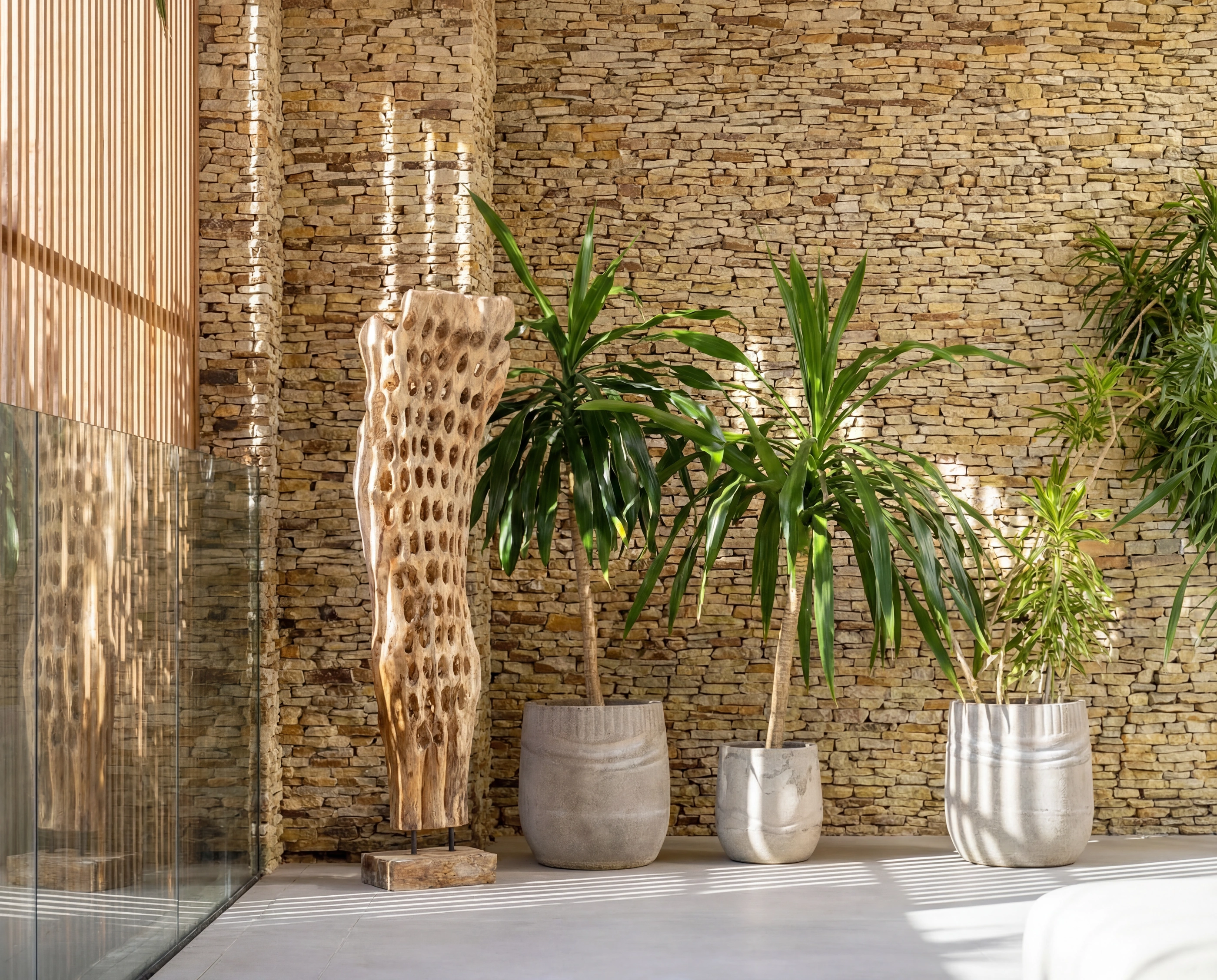 stone wall plants lobby