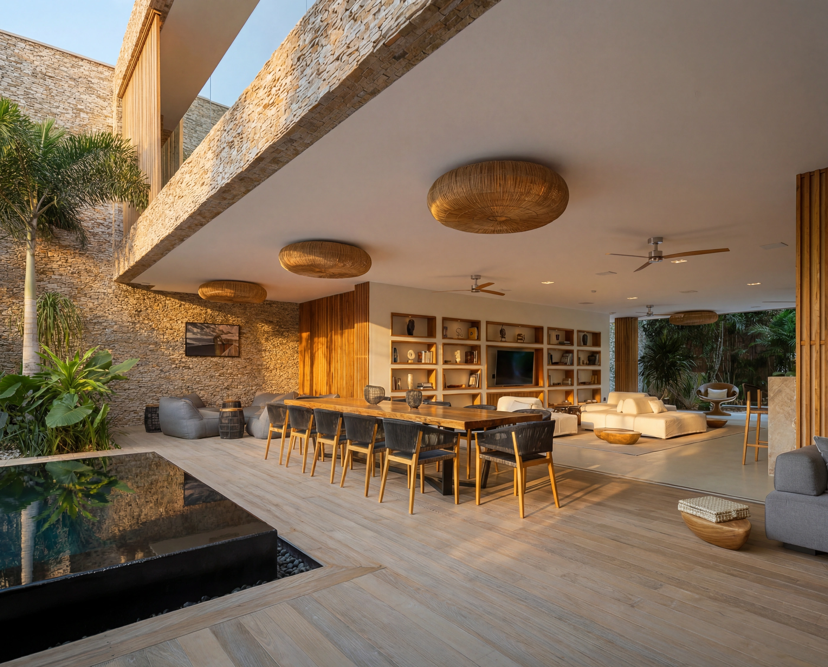 open living dining stone wood